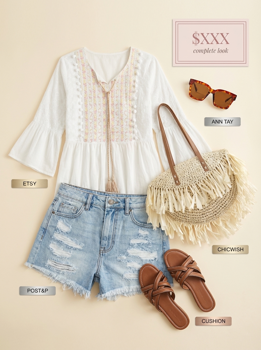 Boho Beach Outfits for Women 2024 | Casual Day Style Boho beach outfits for women: white tunic, denim shorts, straw bag, and sandals for a relaxed day.