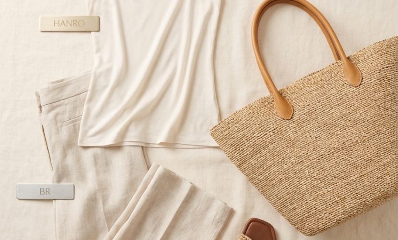 Ecru linen pants with straw hat for beach outfits for women. Chic beach brunch style.