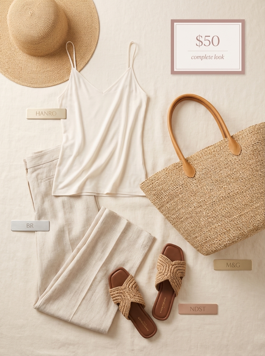 Beach Outfits for Women 2024: Ecru Linen Pants Ecru linen pants with straw hat for beach outfits for women. Chic beach brunch style.