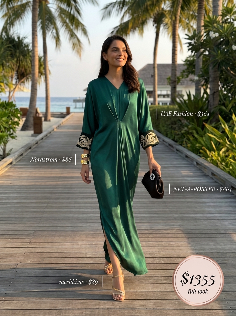 Elegant Beach Outfits for Women 2024 | Resort Dinner Style Elegant beach outfits for women: deep teal caftan, gold jewelry, and metallic sandals for a resort dinner.