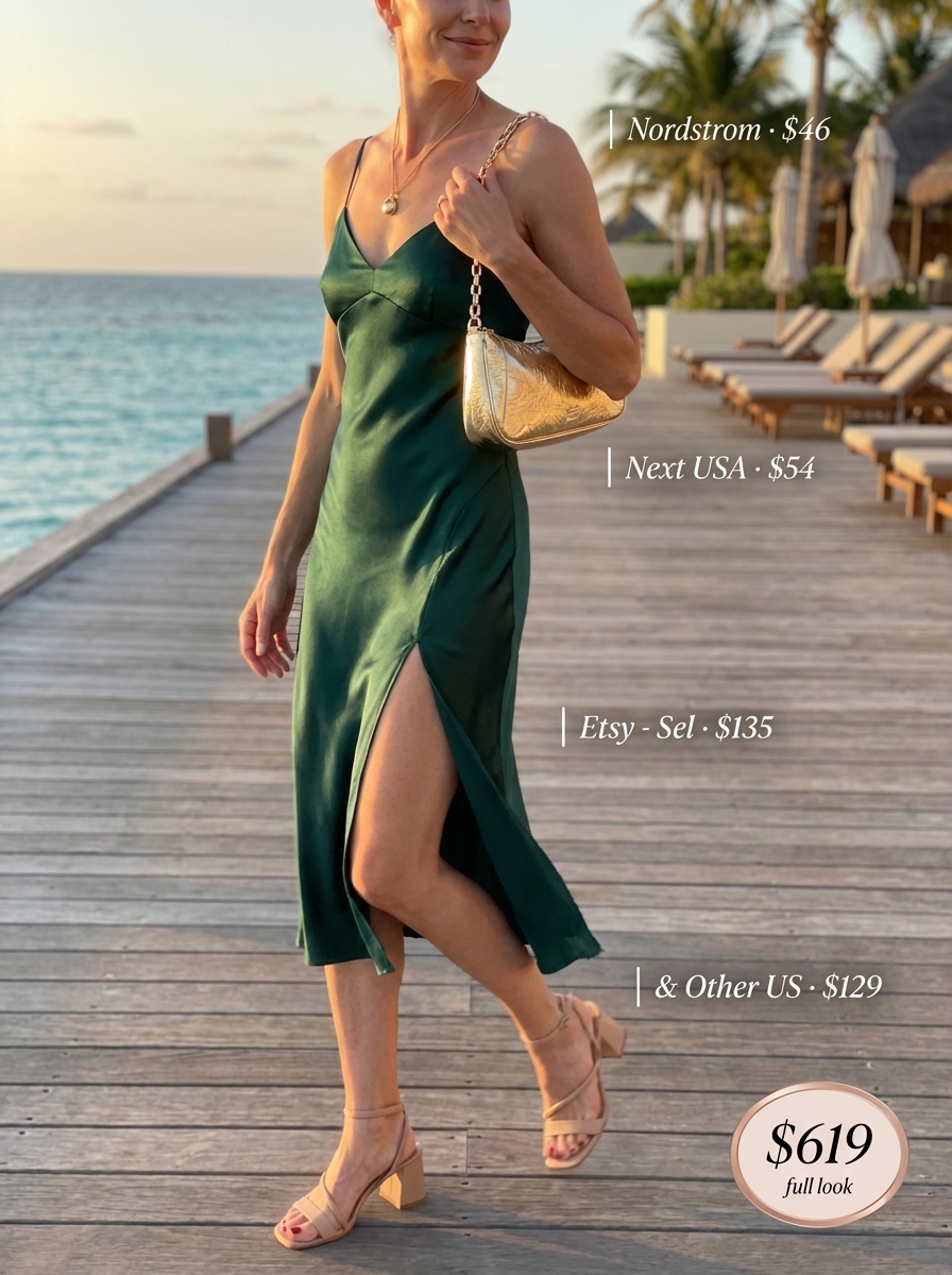 Elegant Beach Outfits for Women 2024 Elegant beach outfits for women: emerald green satin slip dress, nude sandals, and gold accessories for dinner.