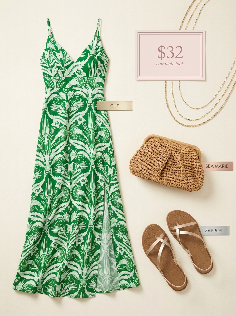 Beach Outfits for Women 2024: Tropical Maxi Dress Emerald green tropical print maxi dress, gold sandals & clutch for beach outfits for women. Resort dinner style.