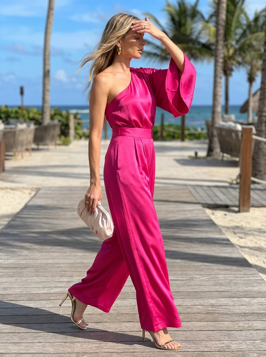 Beach Outfits for Women 2024: Fuchsia Jumpsuit Fuchsia one-shoulder jumpsuit with gold heels for beach outfits for women. Glamorous resort dinner style.