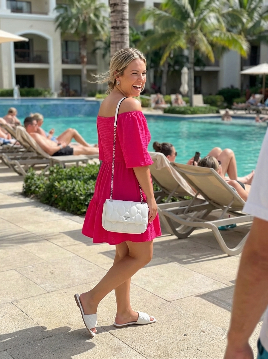 Pool Party Beach Outfits for Women 2024 Playful beach outfits for women: hot pink smocked dress, white slides, and silver accessories for a pool party.