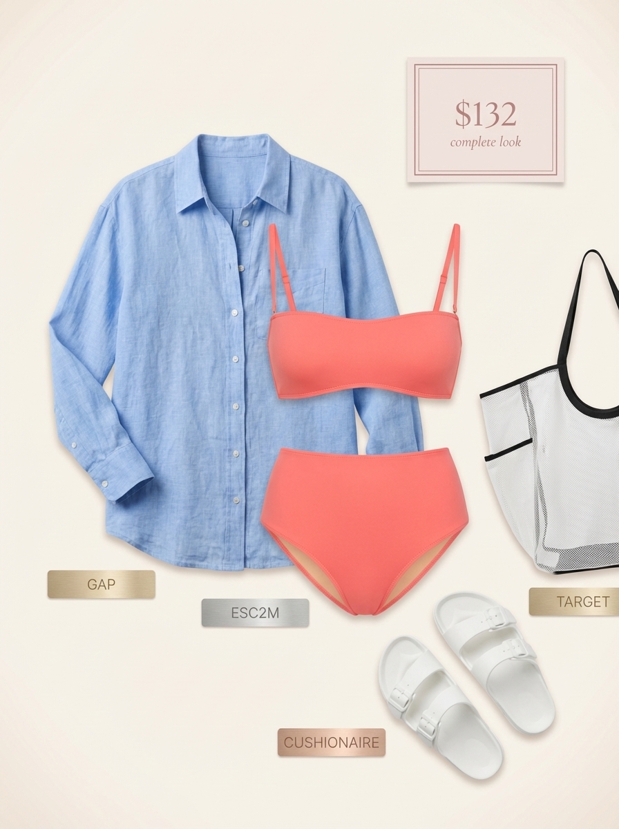 Beach Cover-up Outfits for Women 2024 Effortless beach outfits for women: sky blue linen shirt over coral bikini, white slides, and mesh tote.