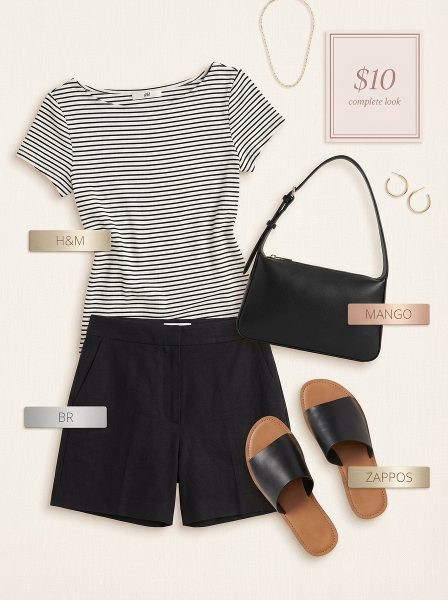 Monochrome Beach Outfits for Women 2024 Chic monochrome beach outfits for women featuring black striped crop top, high-waisted shorts, and leather slides.