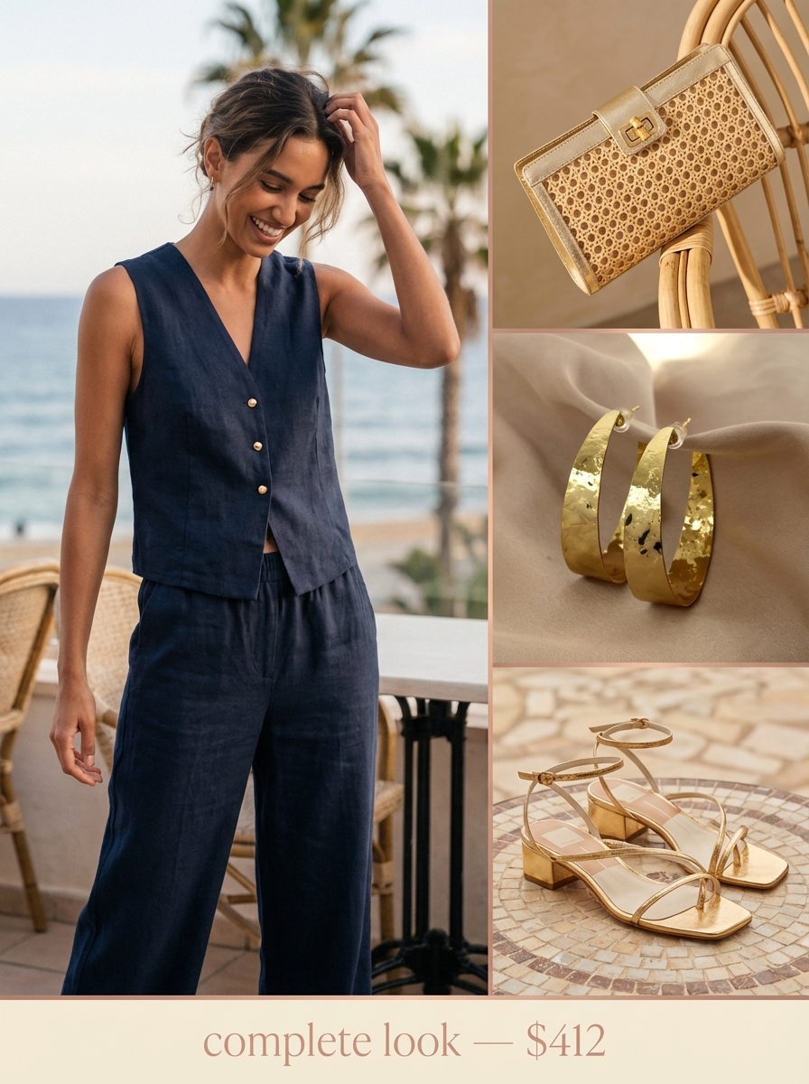 Beach Outfits for Women 2024: Navy Linen Set Navy blue linen matching set with gold hoops for beach outfits for women. Elegant beach dinner style.