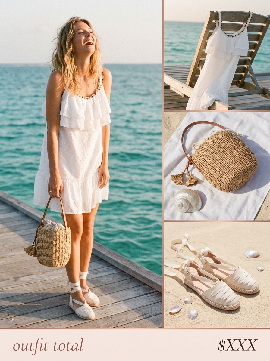 Beach Outfits for Women 2024: Pom-Pom Dress White pom-pom mini dress with espadrilles for beach outfits for women. Playful beach party style.