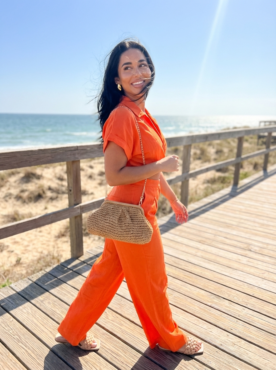 Cohesive Beach Outfits for Women 2024 Chic beach outfits for women: terracotta linen set, cream braided sandals, and straw shoulder bag.