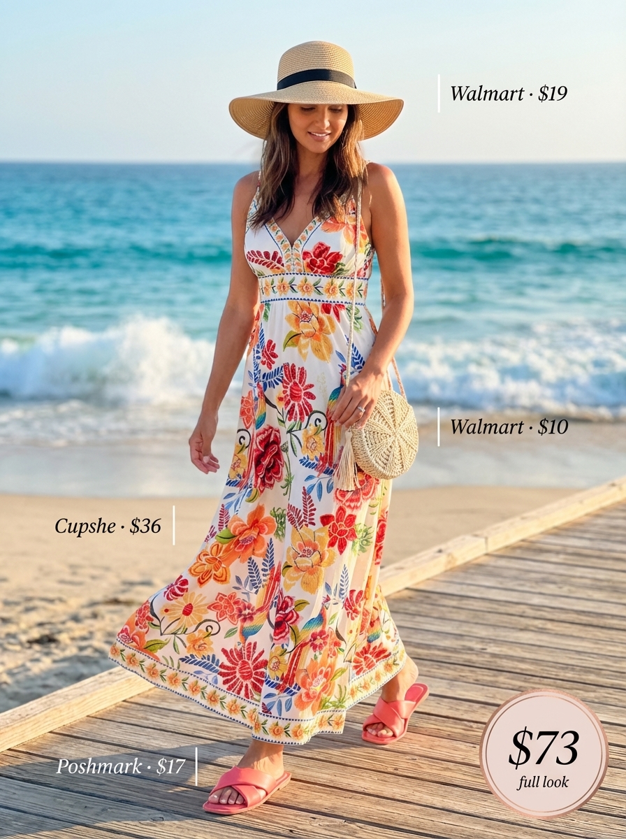 Tropical Beach Outfits for Women 2024 Vibrant tropical beach outfits for women: flowy maxi dress, straw hat, and coral sandals for brunch.