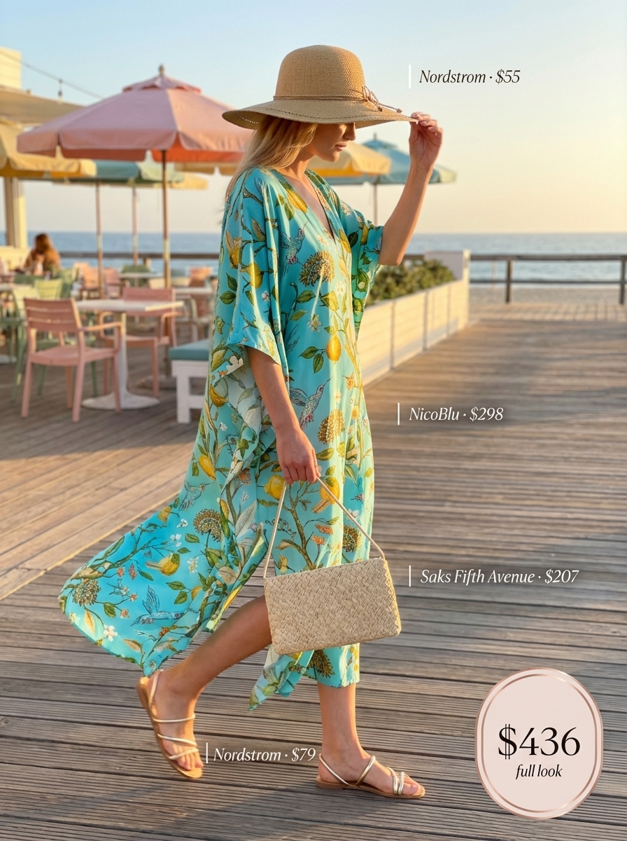 Beach Outfits for Women 2024: Tropical Kaftan Turquoise coral print kaftan dress with straw hat for beach outfits for women. Luxurious poolside lounge style.