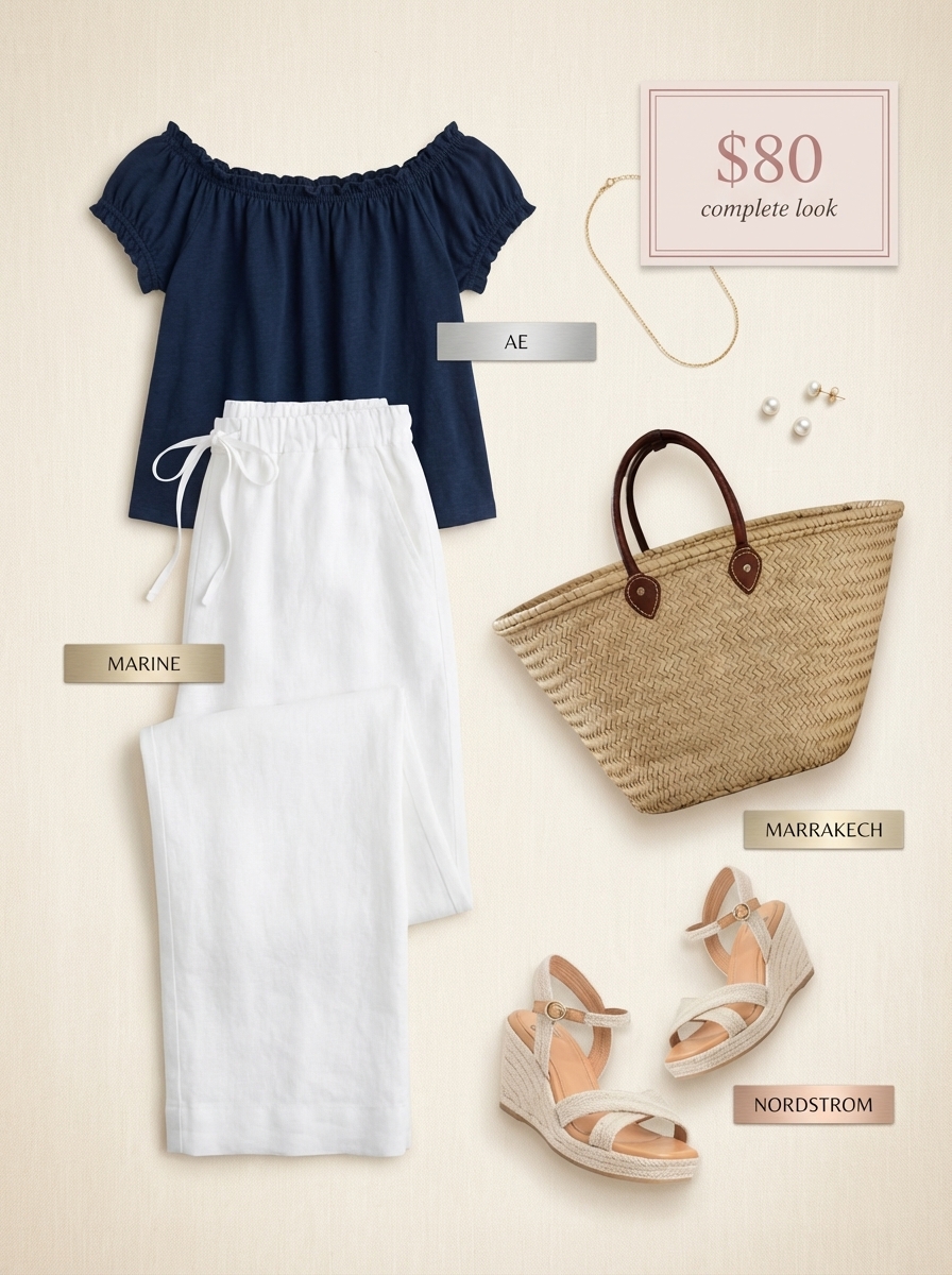 Beach Outfits for Women 2024: White Linen Pants White linen pants with navy off-shoulder top for beach outfits for women. Relaxed beach lunch style.