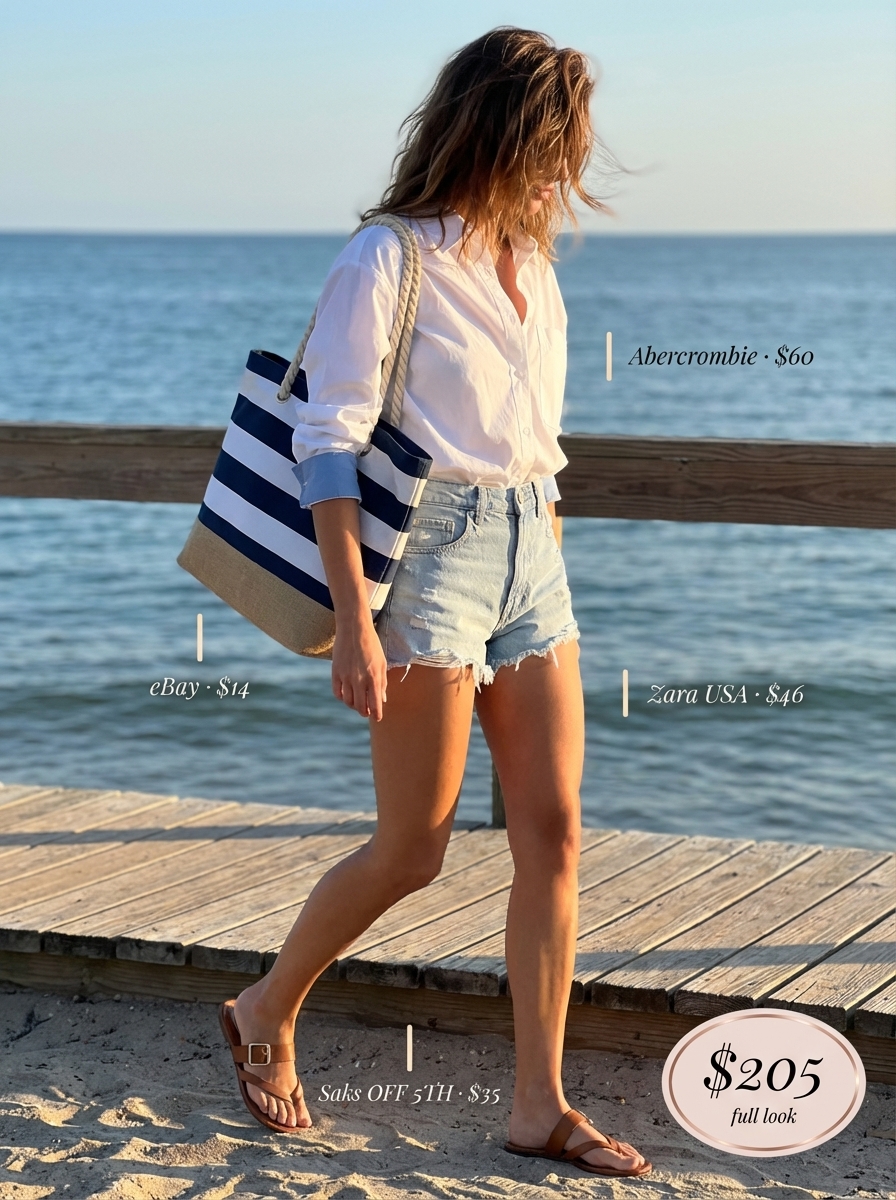 Classic Beach Outfits for Women 2024 Classic beach outfits for women: oversized white shirt, denim shorts, leather slides, and canvas tote.
