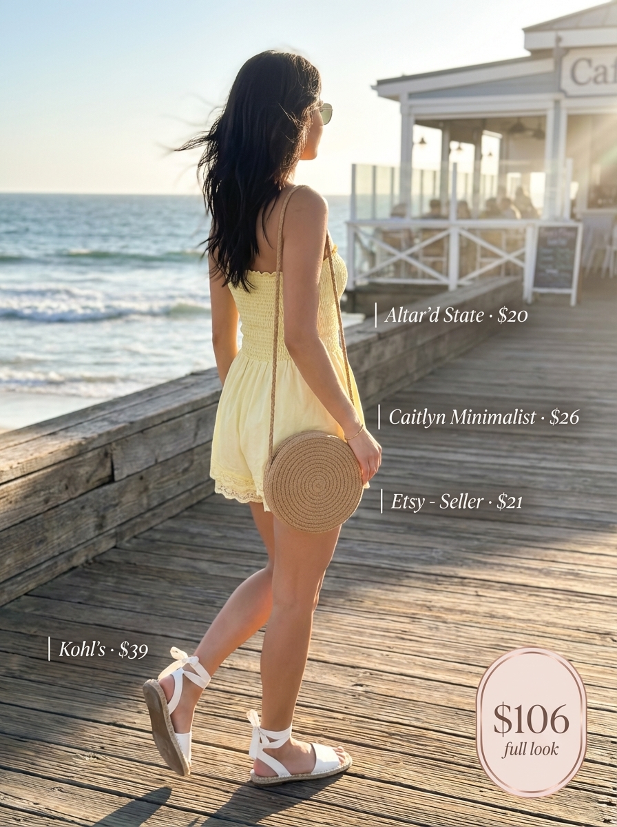 Beach Outfits for Women 2024: Yellow Romper Yellow smocked romper with gold bracelet for beach outfits for women. Playful daytime excursion style.