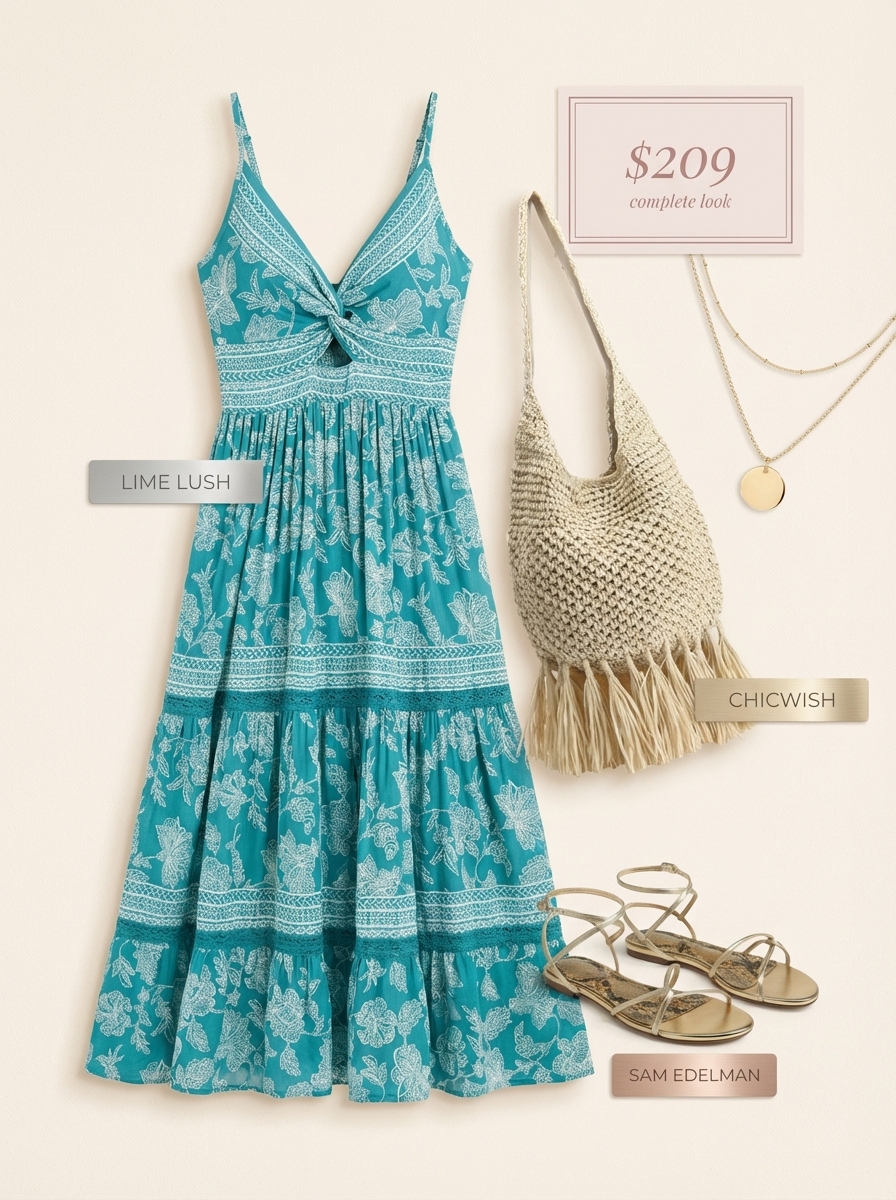 Teal and ivory abstract print chiffon maxi dress with gold metallic sandals, ideal for boho beach birthday dresses.