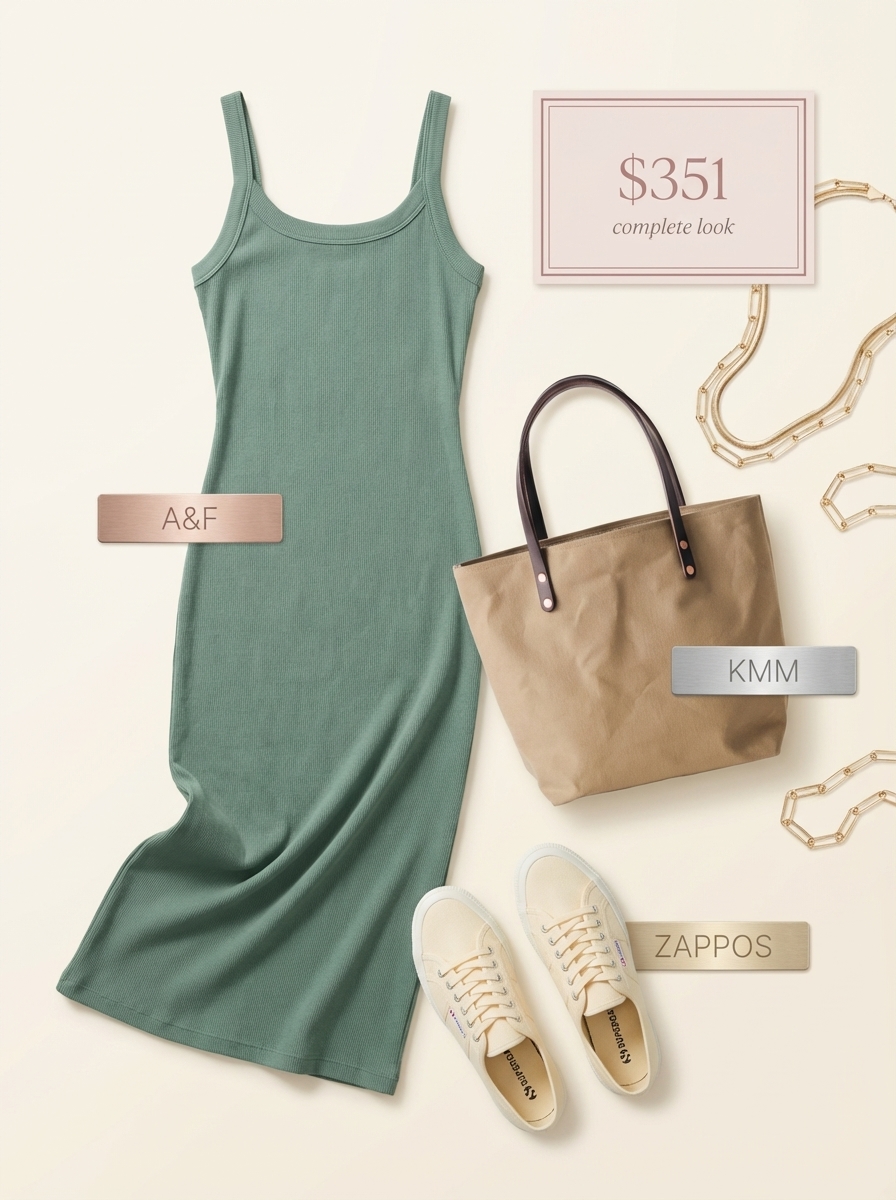 Olive green ribbed knit midi dress paired with cream sneakers and a tan tote bag, perfect for casual birthday dresses.