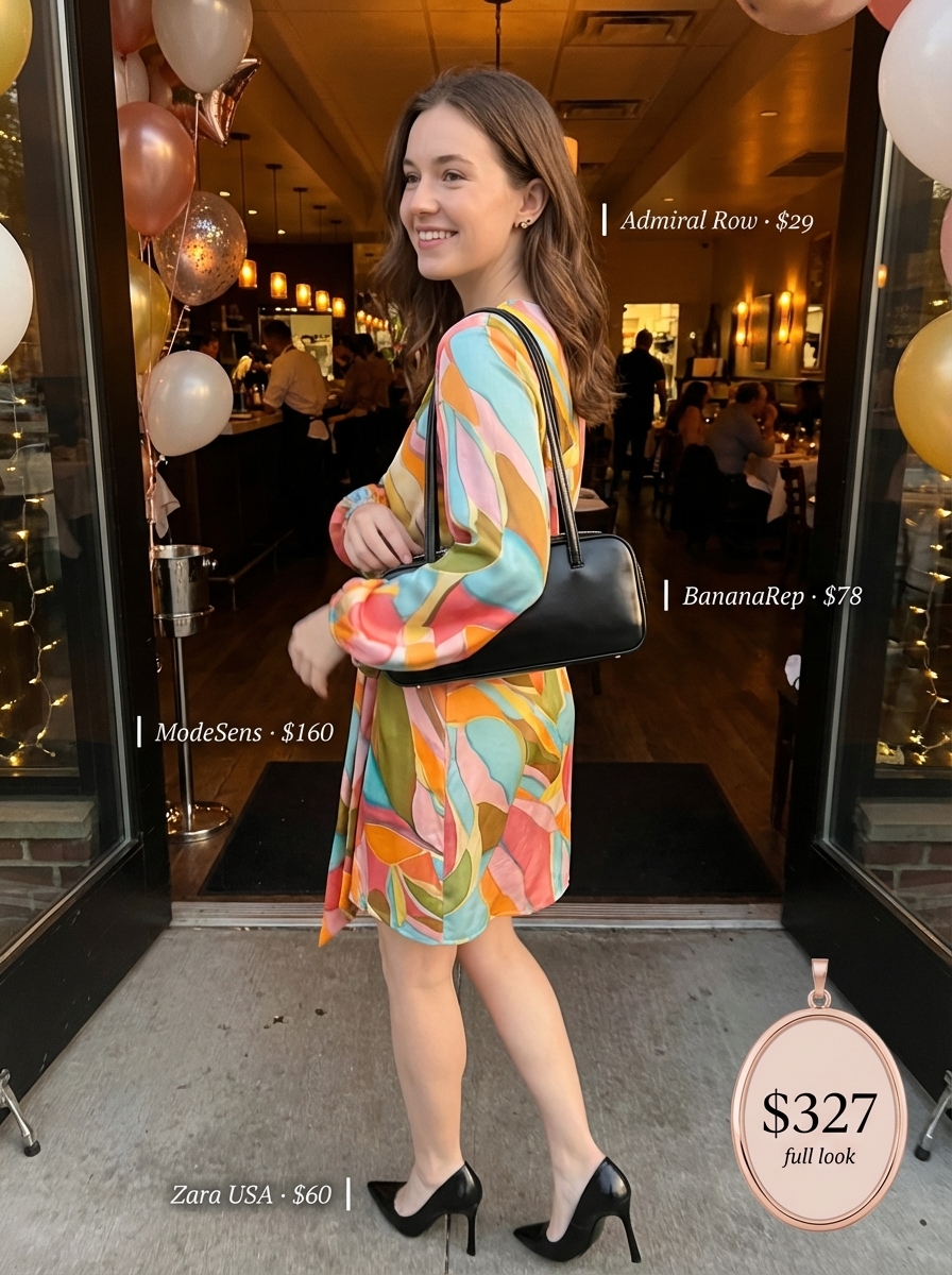 Multicolor abstract print mini dress with black stiletto heels for a bold pop art birthday dresses look.