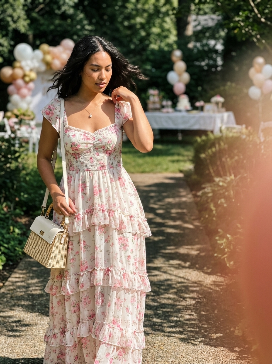 Soft pink floral print tiered maxi dress with gold block heels, perfect for romantic birthday dresses.