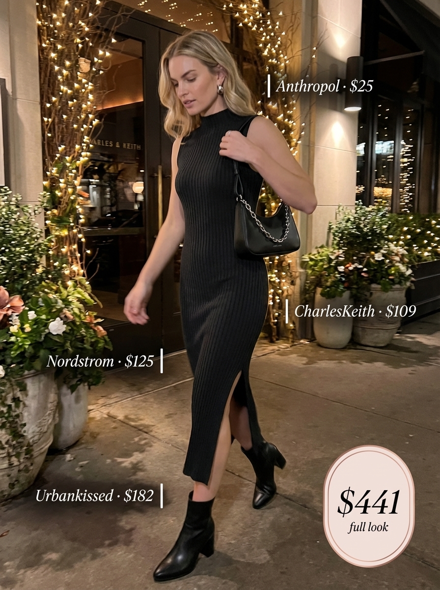 Black ribbed knit bodycon midi dress with a deep red patent leather belt and silver hoops for edgy birthday dresses.