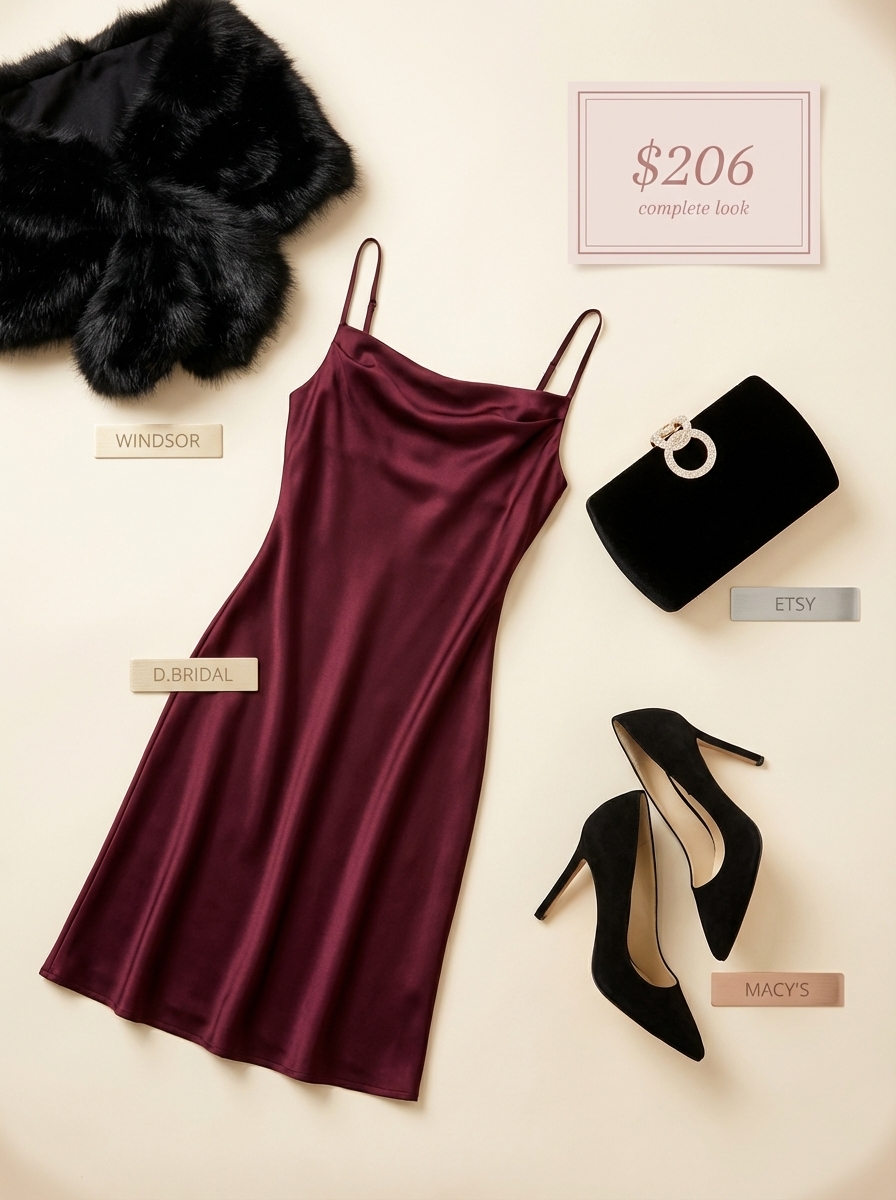 Elegant burgundy satin slip dress with black stiletto pumps and a faux fur stole, ideal for vintage glam birthday dresses.
