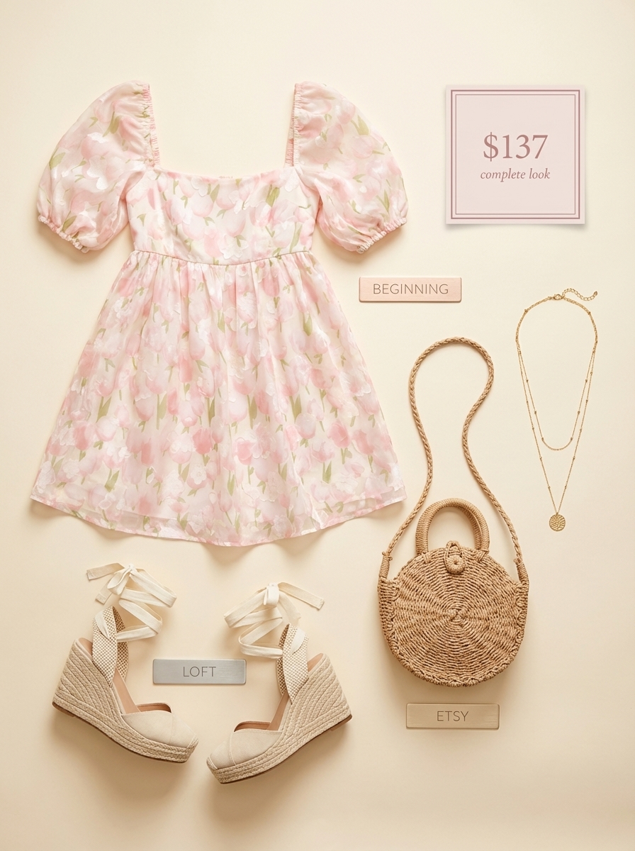 Pastel pink floral print babydoll mini dress with espadrille wedges, perfect for whimsical garden birthday dresses.