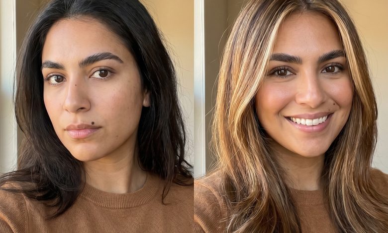 Glamorous 'Caramel Money Piece Melt' with bright gold and warm caramel accenting chocolate brown hair, framing the face. A stunning caramel brown summer hair 2026 trend for vacations and everyday.