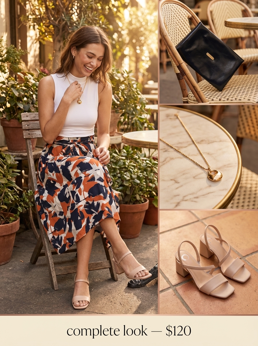 An artistic pleated midi skirt with navy and burnt orange print paired with a white mock neck top, creating a classy summer brunch outfit.