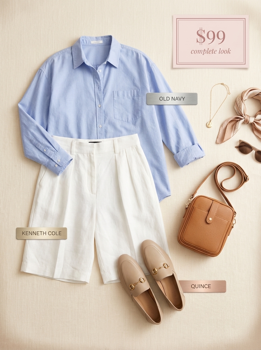 A polished light blue oversized button-down shirt with white tailored Bermuda shorts and loafer mules, perfect for classy summer outfits.