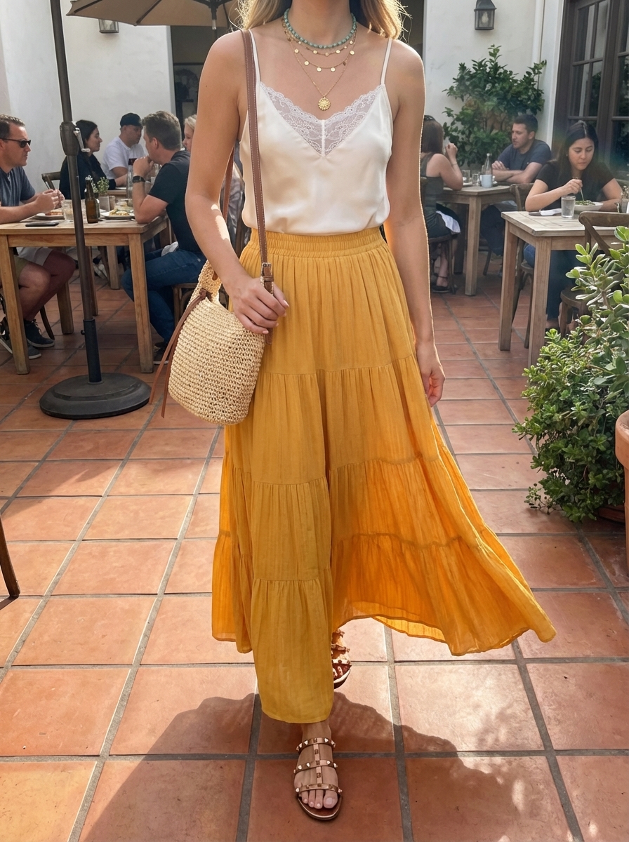 Boho luxe classy summer outfit: terracotta tiered maxi skirt, ivory camisole, bronze sandals, straw bag, and layered necklaces for an artistic vibe.