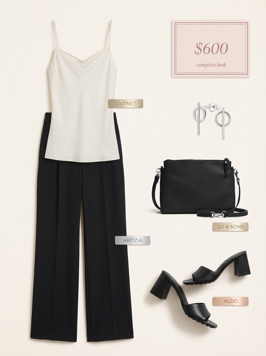 A sophisticated black crepe wide-leg trousers and cream satin camisole, creating a chic classy summer outfit for city evenings.
