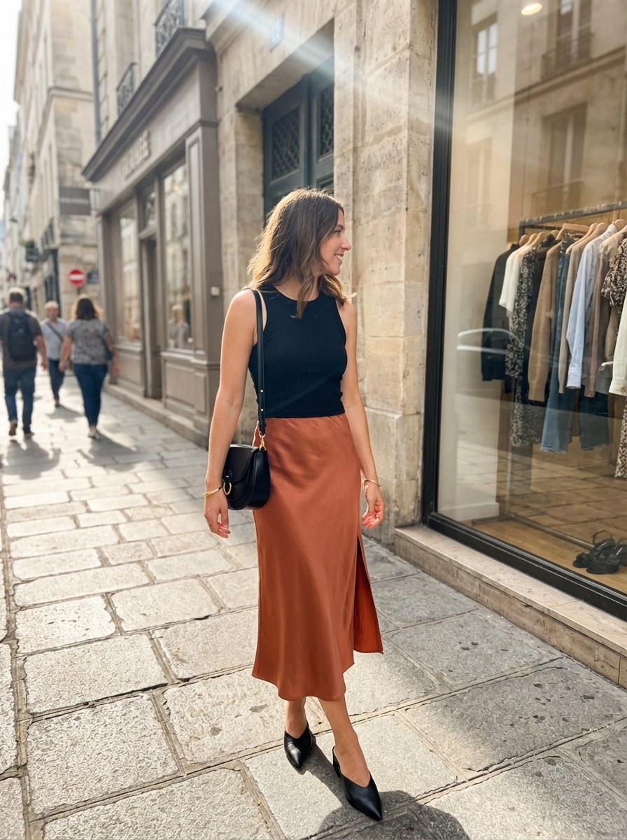 A sophisticated camel A-line midi skirt with a black fitted top and block heels, making a chic classy summer outfit for city strolls.