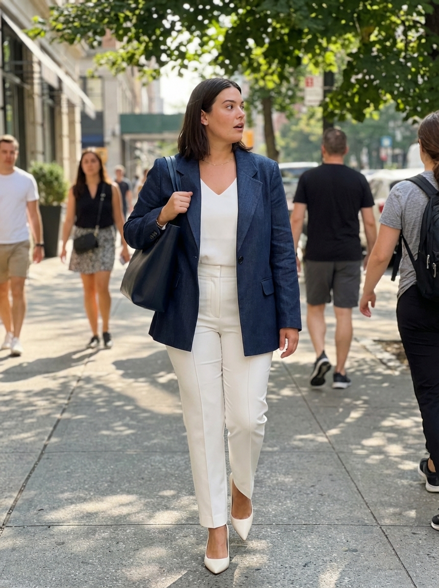 Classy summer outfits for work: professional woman in navy blazer, ivory silk tank, white trousers, tan pumps, and navy tote. Perfect for business casual.
