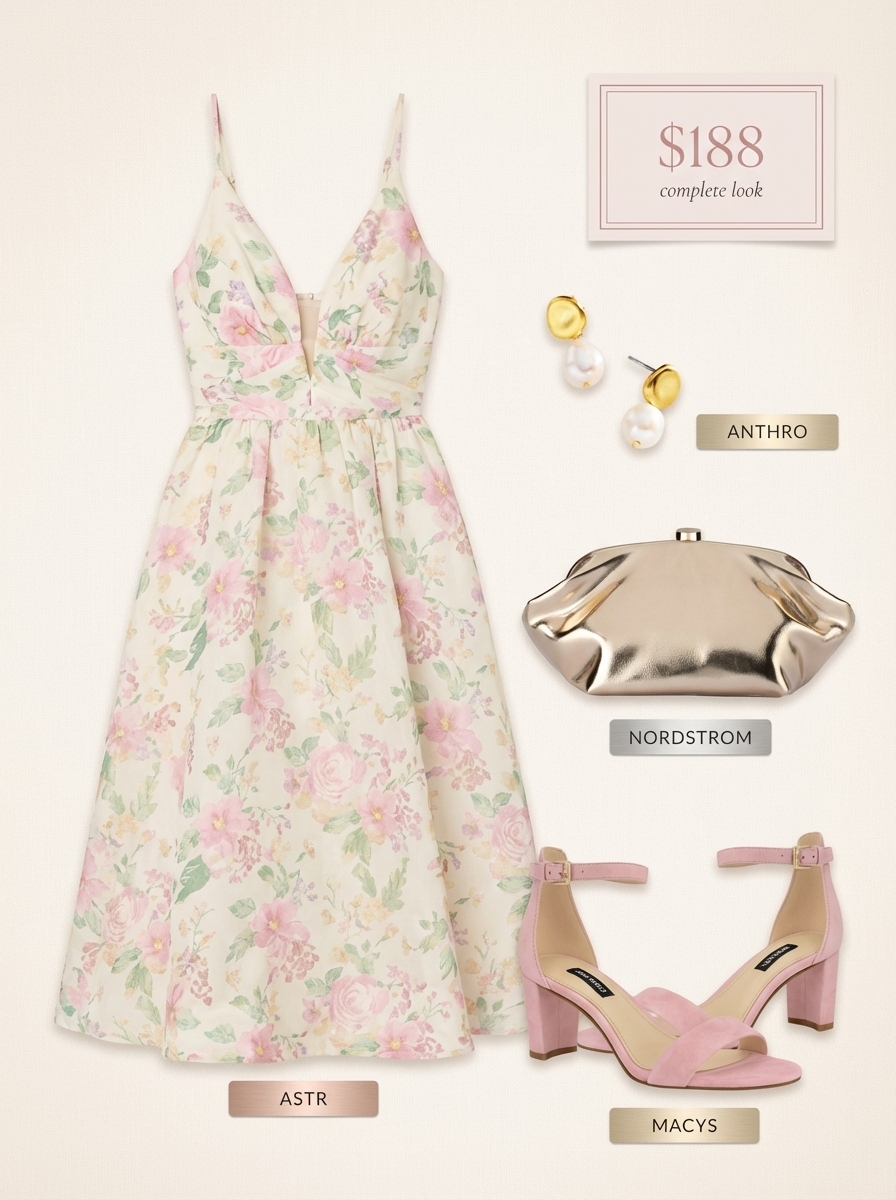 An elegant ivory and blush floral midi dress with strappy pink sandals and a gold clutch, perfect for classy summer outfits garden parties.