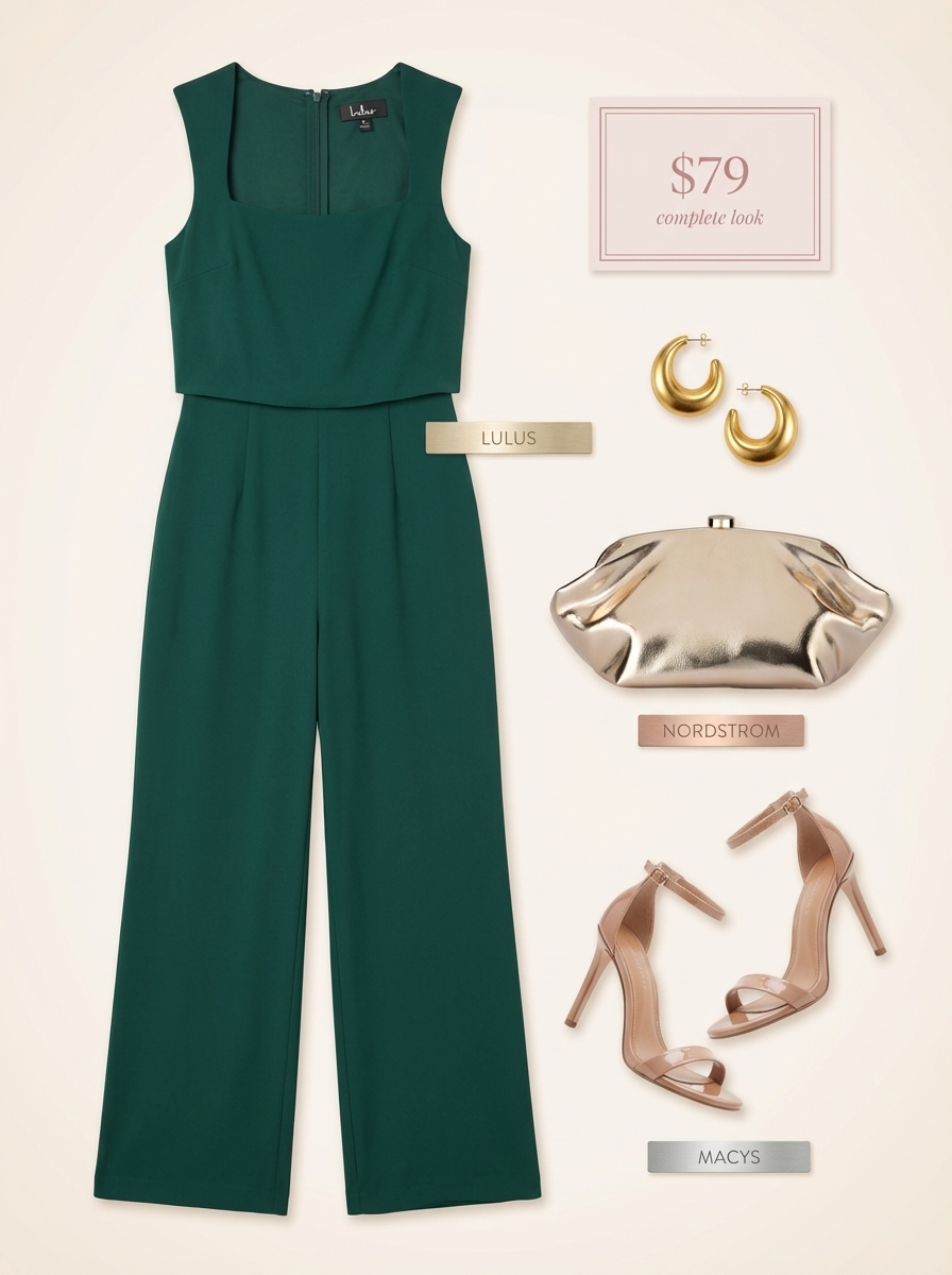 An elegant emerald green wide-leg jumpsuit with nude heels and gold accessories, forming a stunning classy summer outfit for soirees.