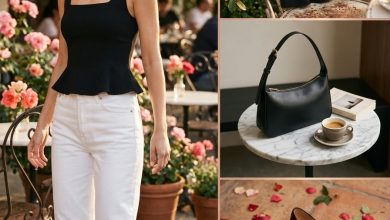 A smart casual white denim jeans with a black peplum top and ballet flats, an ideal classy summer outfit for a museum visit.