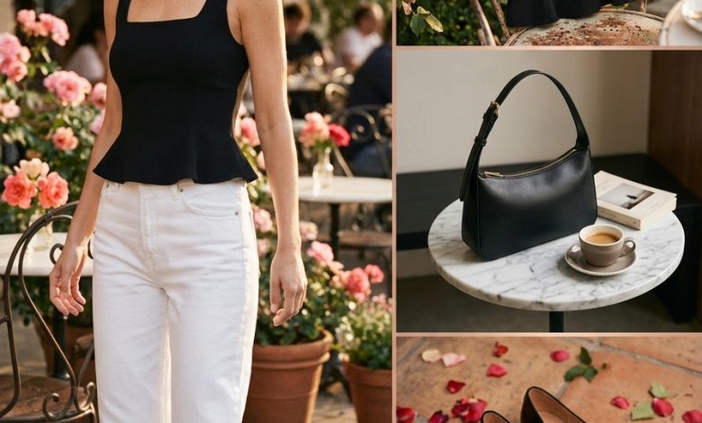 A smart casual white denim jeans with a black peplum top and ballet flats, an ideal classy summer outfit for a museum visit.