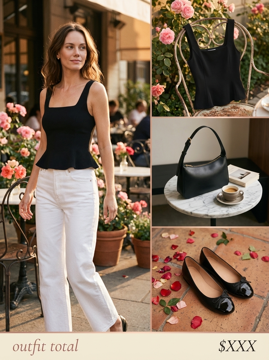 A smart casual white denim jeans with a black peplum top and ballet flats, an ideal classy summer outfit for a museum visit.