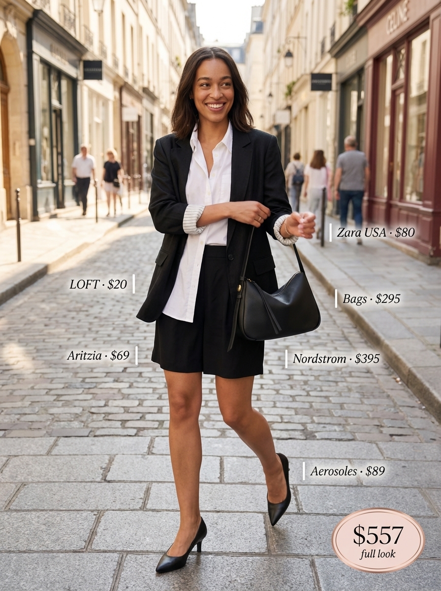A polished black blazer over a white button-down with tailored shorts, defining classy summer outfits for business casual events.