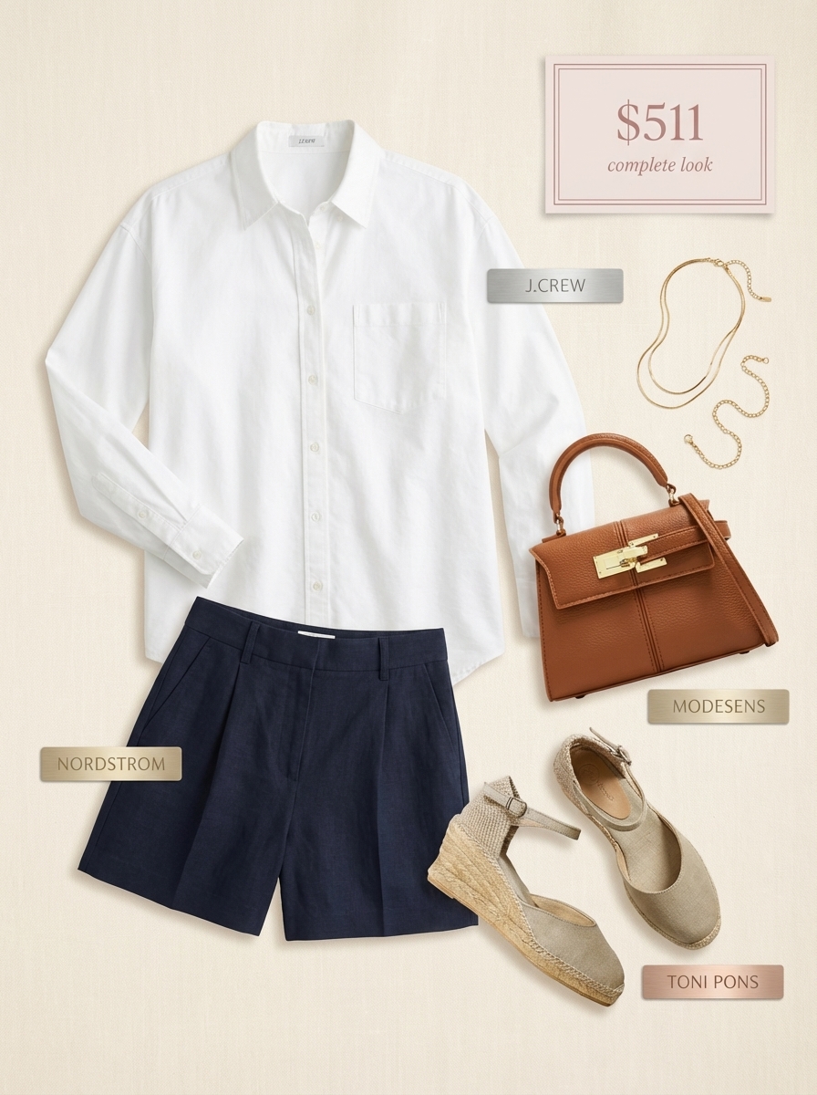Polished classy summer outfit for vacation: navy pleated linen shorts, white button-down, espadrille sandals, tan mini bag, gold necklace.