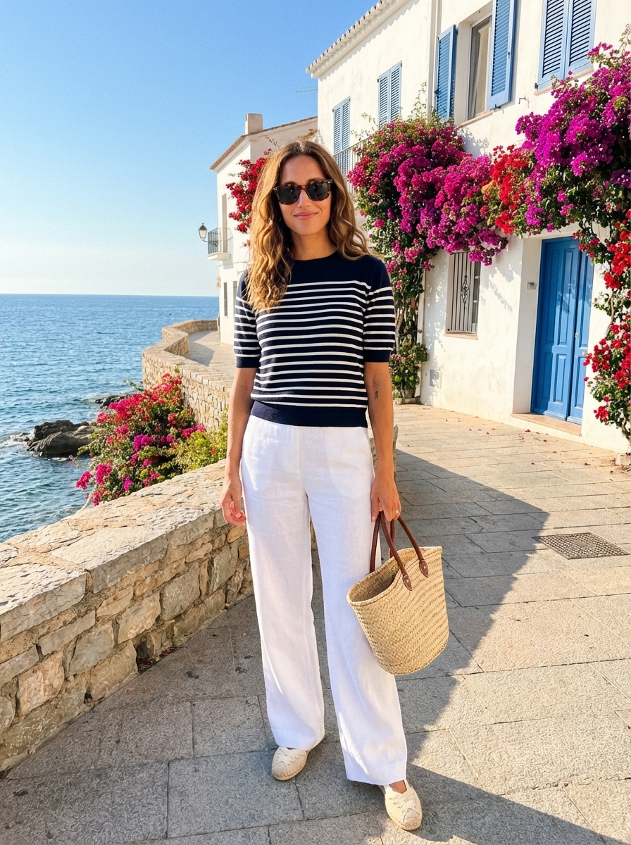 Refined classy summer outfit: navy striped knitted top, white wide-leg trousers, flat espadrille sandals, straw basket bag, and sunglasses for vacation.