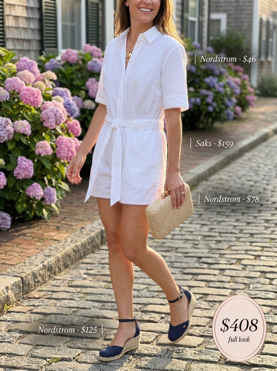 Chic classy summer outfit: white linen blend romper with espadrille wedges, straw clutch, and gold necklace. Ideal for a seaside event.