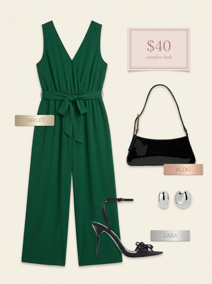 Sophisticated classy summer outfit: emerald green wide-leg knit jumpsuit, black strappy heels, mini shoulder bag, and silver hoops for a cruise.