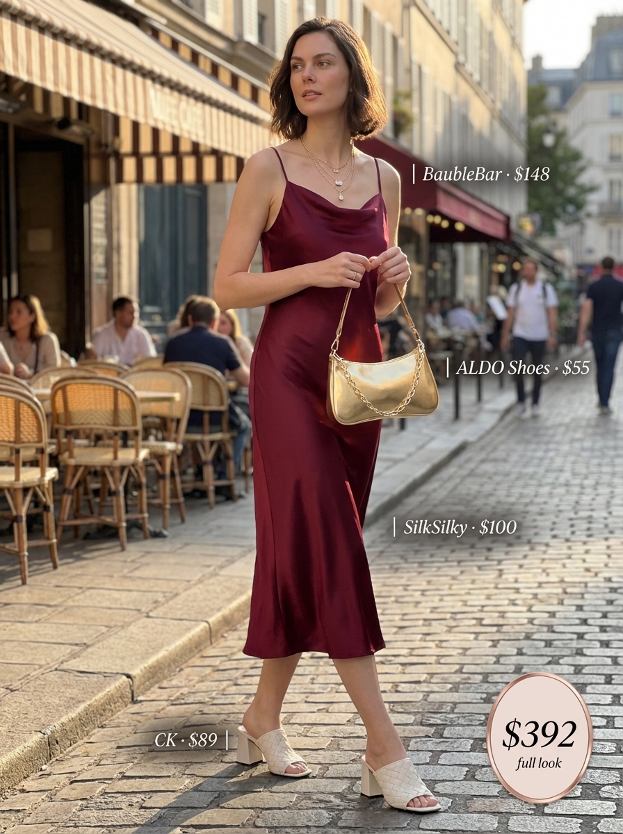 Sensual classy summer outfit: burgundy satin midi slip dress, beige heeled mules, gold mini shoulder bag, and dainty necklaces for a vineyard visit.