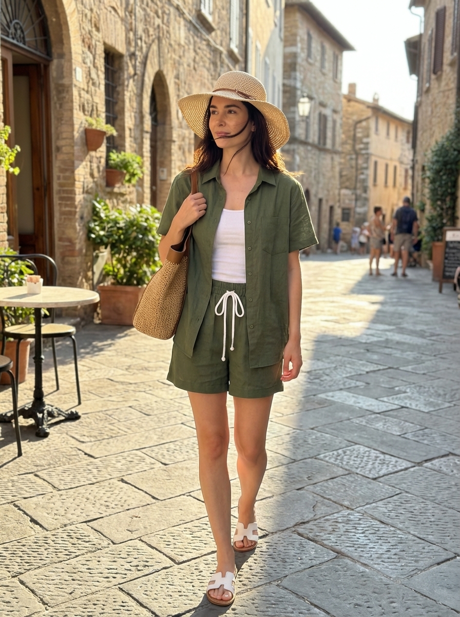 A relaxed yet chic olive green linen shirt and shorts set with a white tank and straw accessories, perfect for classy summer outfits.