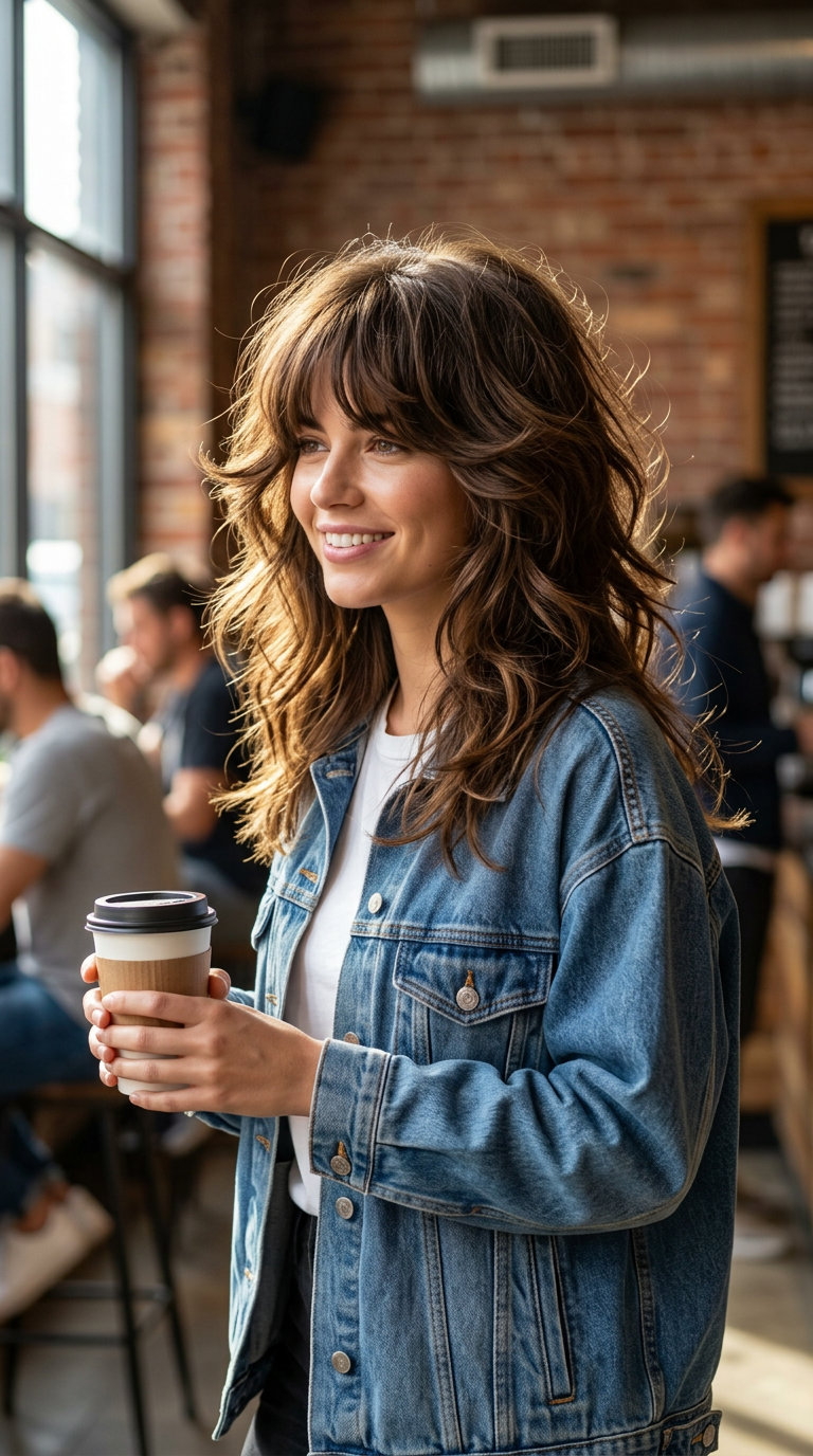 70s Shag & Rockstar Curtain Bangs 2024 A woman with a '70s shag haircut featuring effortless, edgy curtain bangs in natural brown and warm blonde tones, styled for a casual outing or concert look with a dry texturizing spray for grip and undone texture.