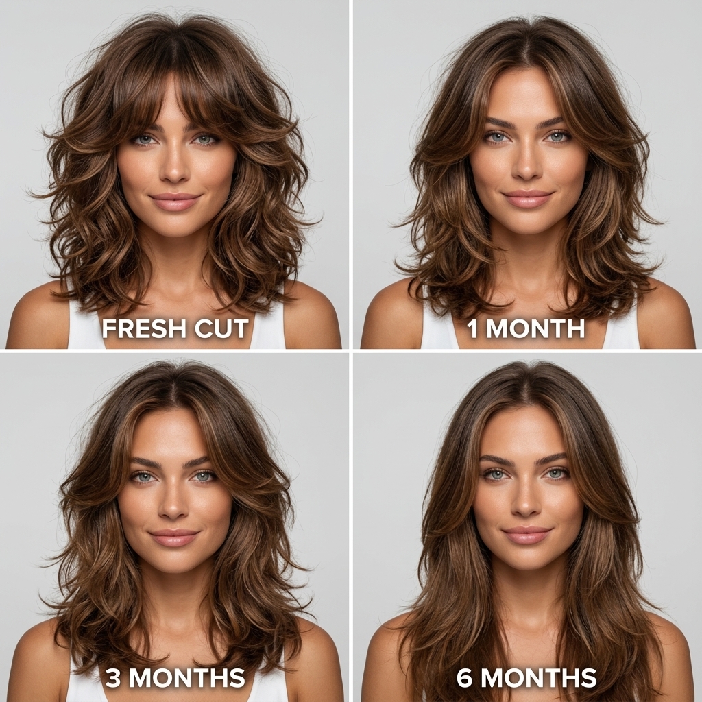 Glamorous Butterfly Cut with Curtain Bangs 2024 A woman with a glamorous and voluminous 'The Butterfly Cut' featuring blended curtain bangs, styled for a date night or special event. The dynamic look is achieved with a Dyson Airwrap, volumizing spray, and flexible hold hairspray.