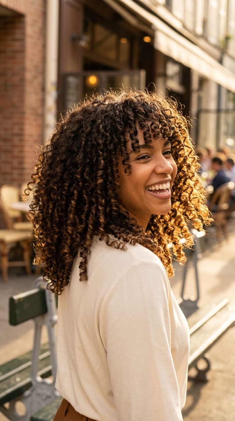 Curly Curtain Bangs for Natural Texture 2024 A woman with voluminous curly curtain bangs featuring natural texture, perfect for an everyday or festival look, styled with defining styling souffle and jojoba oil for moisture and shine. This joyful look uses a diffuser attachment for definition.