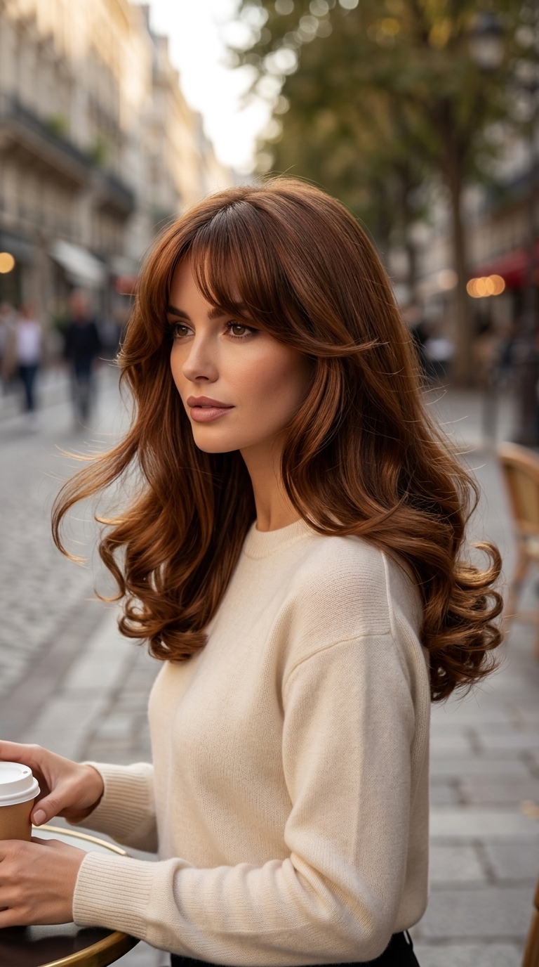 Polished 'Old Money' Blowout with Curtain Bangs 2024 A woman with a polished 'Old Money' blowout featuring chic curtain bangs in rich brunette and golden blonde, suitable for work, date night, or a formal event. The style utilizes bonding oil, a round brush, and self-grip rollers for a luxurious finish.