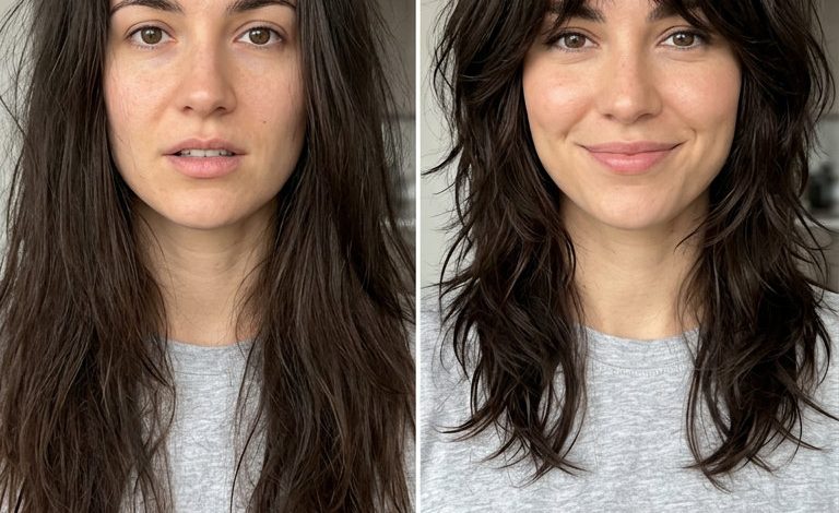 Edgy shaggy wolf cut featuring textured curtain bangs haircut, styled with dry texture spray for an effortless, rebellious look. Suitable for dark brunette to jet black hair.