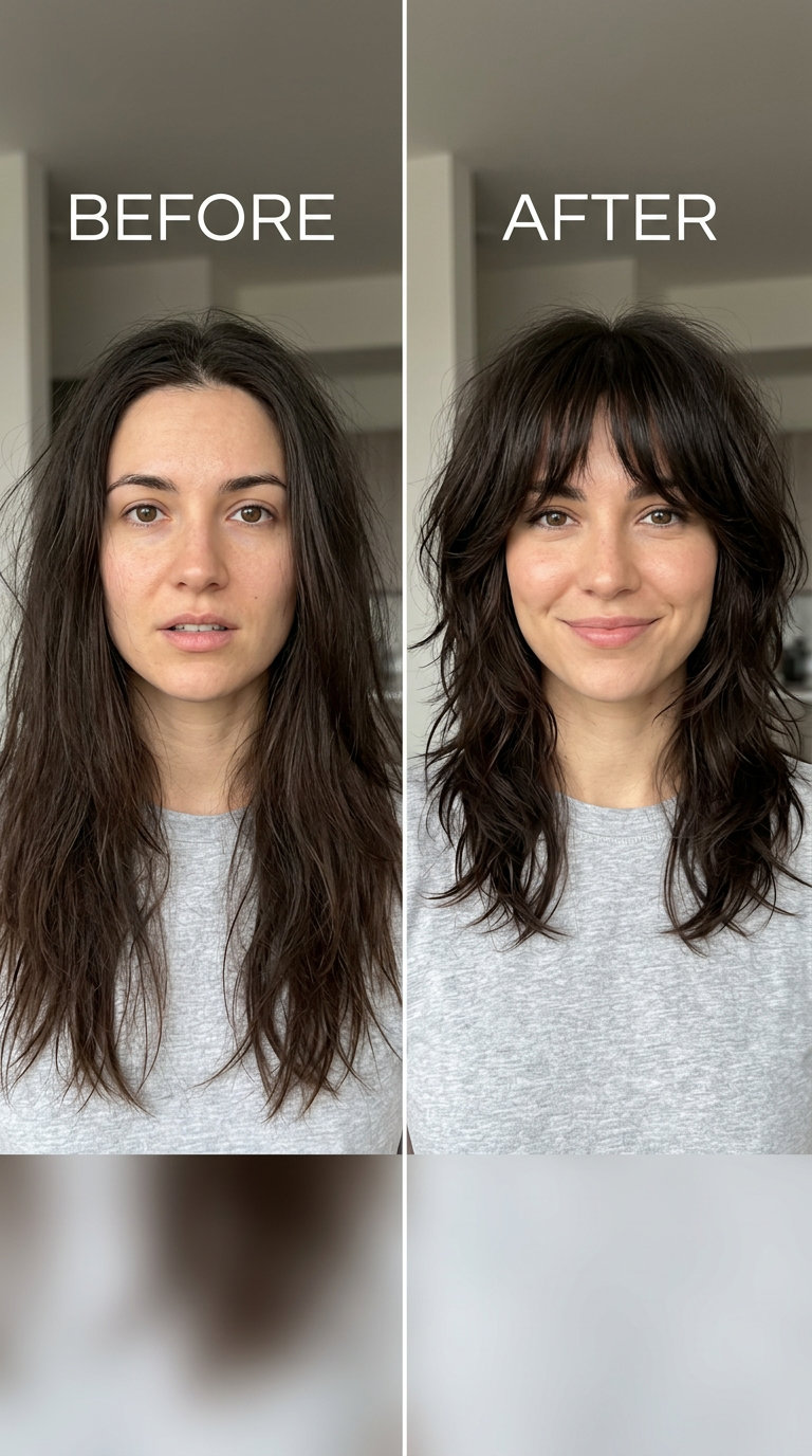 Edgy shaggy wolf cut featuring textured curtain bangs haircut, styled with dry texture spray for an effortless, rebellious look. Suitable for dark brunette to jet black hair.